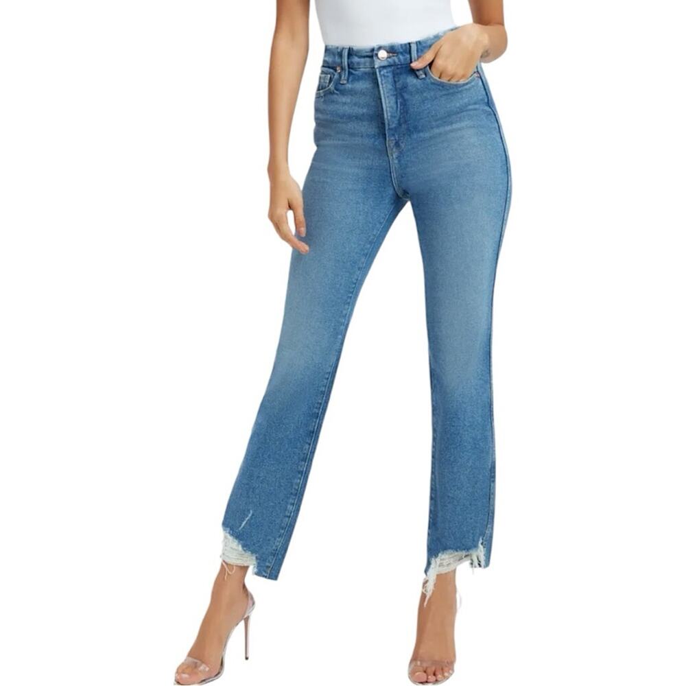 NWT Good American High Waist Frayed Hem Straight Jeans Size 10/30 Retail $145